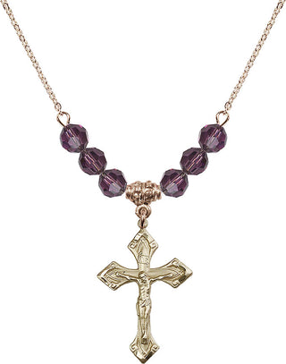 18" Hamilton Gold Plated Necklace with 4mm Amethyst Crystal Beads featuring a 14kt Gold Filled Crucifix Medal.