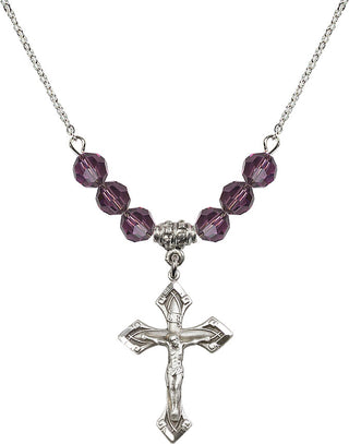 18" Rhodium Plated Necklace with 4mm Amethyst Crystal Beads featuring a Sterling Silver Crucifix Medal.