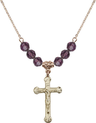 18" Hamilton Gold Plated Necklace with 4mm Amethyst Crystal Beads featuring a 14kt Gold Filled Crucifix Medal.