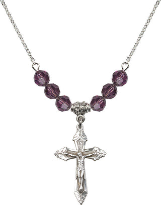 18" Rhodium Plated Necklace with 4mm Amethyst Crystal Beads featuring a Sterling Silver Crucifix Medal.