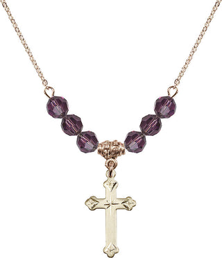 18" Hamilton Gold Plated Necklace with 4mm Amethyst Crystal Beads featuring a 14kt Gold Filled Cross Medal.