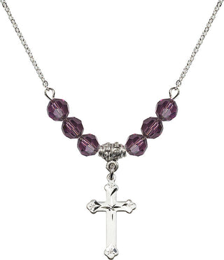 18" Rhodium Plated Necklace with 4mm Amethyst Crystal Beads featuring a Sterling Silver Cross Medal.