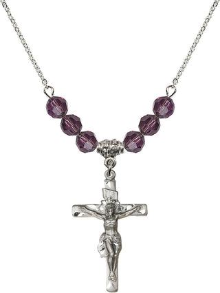 18" Rhodium Plated Necklace with 4mm Amethyst Crystal Beads featuring a Sterling Silver Crucifix Medal.