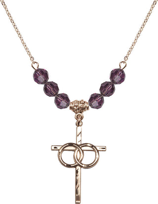 18" Hamilton Gold Plated Necklace with 4mm Amethyst Crystal Beads featuring a 14kt Gold Filled Wedding Rings Cross Medal.