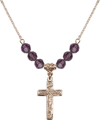 18" Hamilton Gold Plated Necklace with 4mm Amethyst Crystal Beads featuring a 14kt Gold Filled Crucifix Medal.