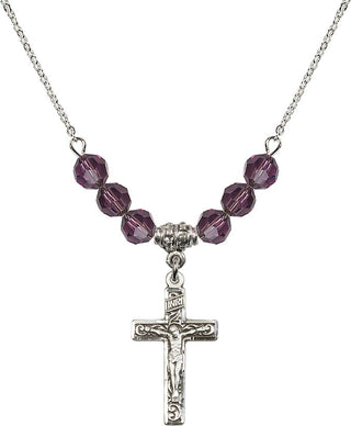 18" Rhodium Plated Necklace with 4mm Amethyst Crystal Beads featuring a Sterling Silver Crucifix Medal.
