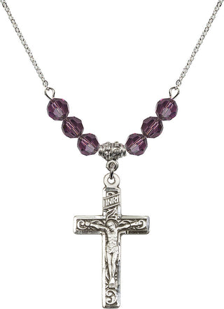 18" Rhodium Plated Necklace with 4mm Amethyst Crystal Beads featuring a Sterling Silver Crucifix Medal.