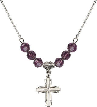18" Rhodium Plated Necklace with 4mm Amethyst Crystal Beads featuring a Sterling Silver Cross Medal.