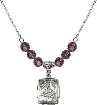 18" Rhodium Plated Necklace with 4mm Amethyst Crystal Beads featuring a Sterling Silver Saint Ann Medal. Engraved Catholic Saint Jewelry