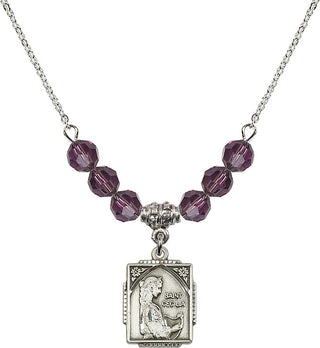 18" Rhodium Plated Necklace with 4mm Amethyst Crystal Beads featuring a Sterling Silver Saint Cecilia Medal. Engraved Catholic Saint Jewelry