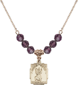 18" Hamilton Gold Plated Necklace with 4mm Amethyst Crystal Beads featuring a 14kt Gold Filled Saint Christopher Medal. Engraved Catholic Saint Jewelry