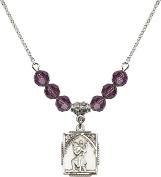 18" Rhodium Plated Necklace with 4mm Amethyst Crystal Beads featuring a Sterling Silver Saint Christopher Medal. Engraved Catholic Saint Jewelry