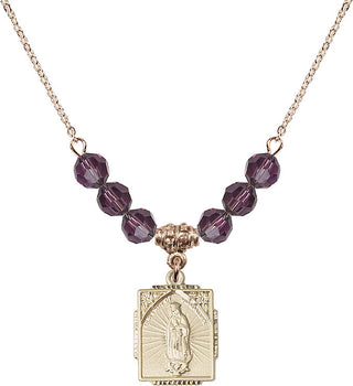 18" Hamilton Gold Plated Necklace with 4mm Amethyst Crystal Beads featuring a 14kt Gold Filled Our Lady of Guadalupe Medal. Engraved Catholic Saint Jewelry