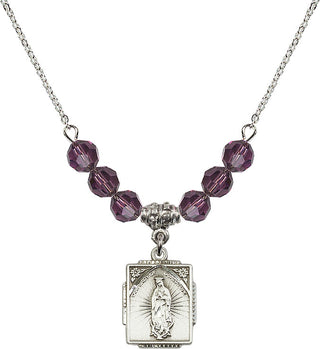 18" Rhodium Plated Necklace with 4mm Amethyst Crystal Beads featuring a Sterling Silver Our Lady of Guadalupe Medal. Engraved Catholic Saint Jewelry