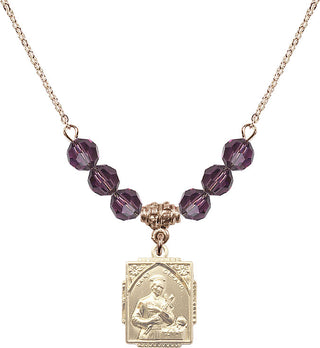 18" Hamilton Gold Plated Necklace with 4mm Amethyst Crystal Beads featuring a 14kt Gold Filled Saint Gerard Medal. Engraved Catholic Saint Jewelry