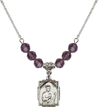 18" Rhodium Plated Necklace with 4mm Amethyst Crystal Beads featuring a Sterling Silver Saint Jude Medal. Engraved Catholic Saint Jewelry