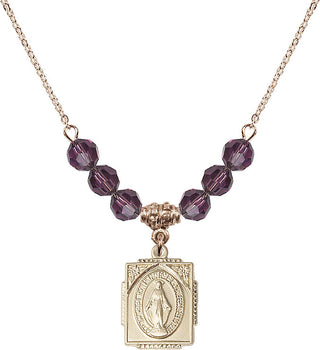 18" Hamilton Gold Plated Necklace with 4mm Amethyst Crystal Beads featuring a 14kt Gold Filled Miraculous Medal. Engraved Catholic Saint Jewelry