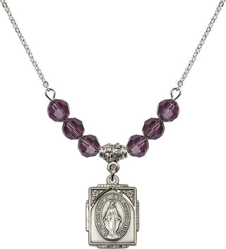 18" Rhodium Plated Necklace with 4mm Amethyst Crystal Beads featuring a Sterling Silver Miraculous Medal. Engraved Catholic Saint Jewelry