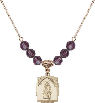 18" Hamilton Gold Plated Necklace with 4mm Amethyst Crystal Beads featuring a 14kt Gold Filled Saint Peregrine Medal. Engraved Catholic Saint Jewelry