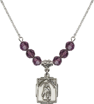18" Rhodium Plated Necklace with 4mm Amethyst Crystal Beads featuring a Sterling Silver Saint Peregrine Medal. Engraved Catholic Saint Jewelry