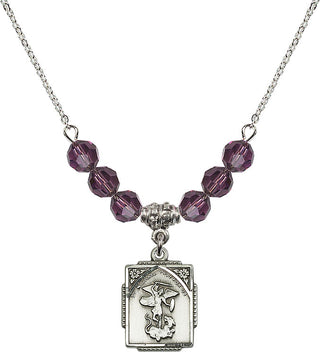 18" Rhodium Plated Necklace with 4mm Amethyst Crystal Beads featuring a Sterling Silver Saint Michael the Archangel Medal. Engraved Catholic Saint Jewelry