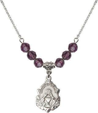 18" Rhodium Plated Necklace with 4mm Amethyst Crystal Beads featuring a Sterling Silver Mother of a Priest Medal. Engraved Catholic Saint Jewelry