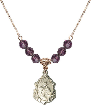 18" Hamilton Gold Plated Necklace with 4mm Amethyst Crystal Beads featuring a 14kt Gold Filled Saint Ann Medal. Engraved Catholic Saint Jewelry