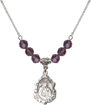 18" Rhodium Plated Necklace with 4mm Amethyst Crystal Beads featuring a Sterling Silver Saint Ann Medal. Engraved Catholic Saint Jewelry