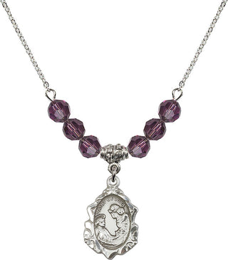 18" Rhodium Plated Necklace with 4mm Amethyst Crystal Beads featuring a Sterling Silver Saint Cecilia Medal. Engraved Catholic Saint Jewelry