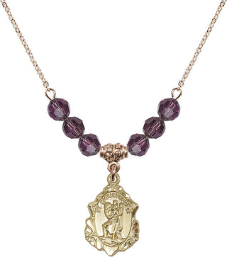 18" Hamilton Gold Plated Necklace with 4mm Amethyst Crystal Beads featuring a 14kt Gold Filled Saint Christopher Medal. Engraved Catholic Saint Jewelry