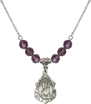 18" Rhodium Plated Necklace with 4mm Amethyst Crystal Beads featuring a Sterling Silver Saint Christopher Medal. Engraved Catholic Saint Jewelry