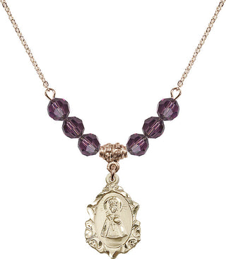 18" Hamilton Gold Plated Necklace with 4mm Amethyst Crystal Beads featuring a 14kt Gold Filled Infant of Prague Medal. Engraved Catholic Saint Jewelry