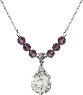 18" Rhodium Plated Necklace with 4mm Amethyst Crystal Beads featuring a Sterling Silver Saint Jude Medal. Engraved Catholic Saint Jewelry