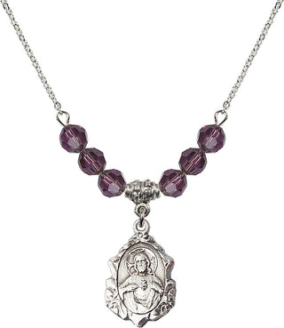 18" Rhodium Plated Necklace with 4mm Amethyst Crystal Beads featuring a Sterling Silver Scapular Medal.