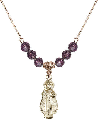 18" Hamilton Gold Plated Necklace with 4mm Amethyst Crystal Beads featuring a 14kt Gold Filled Infant of Prague Medal.