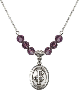 18" Rhodium Plated Necklace with 4mm Amethyst Crystal Beads featuring a Sterling Silver Matrimony Medal.