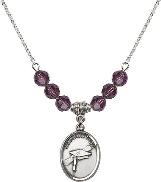18" Rhodium Plated Necklace with 4mm Amethyst Crystal Beads featuring a Sterling Silver Graduation Medal.