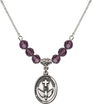 18" Rhodium Plated Necklace with 4mm Amethyst Crystal Beads featuring a Sterling Silver Confirmation Medal.