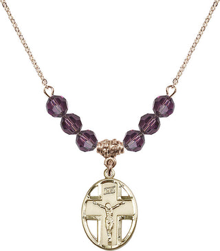 18" Hamilton Gold Plated Necklace with 4mm Amethyst Crystal Beads featuring a 14kt Gold Filled Crucifix Medal.