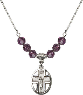 18" Rhodium Plated Necklace with 4mm Amethyst Crystal Beads featuring a Sterling Silver Crucifix Medal.