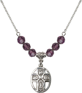 18" Rhodium Plated Necklace with 4mm Amethyst Crystal Beads featuring a Sterling Silver 5-Way / Holy Spirit Medal.