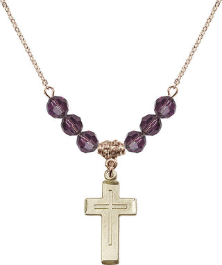 18" Hamilton Gold Plated Necklace with 4mm Amethyst Crystal Beads featuring a 14kt Gold Filled Cross Medal.