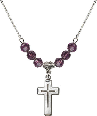 18" Rhodium Plated Necklace with 4mm Amethyst Crystal Beads featuring a Sterling Silver Cross Medal.