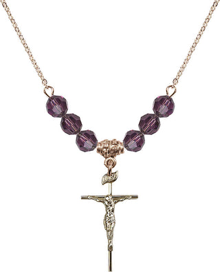 18" Hamilton Gold Plated Necklace with 4mm Amethyst Crystal Beads featuring a 14kt Gold Filled Crucifix Medal.