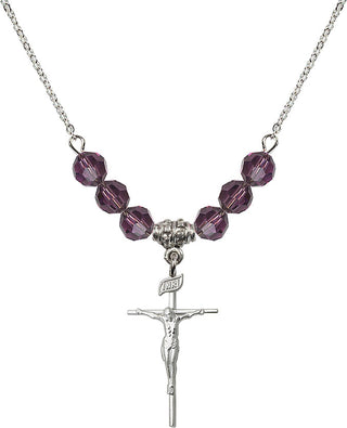 18" Rhodium Plated Necklace with 4mm Amethyst Crystal Beads featuring a Sterling Silver Crucifix Medal.