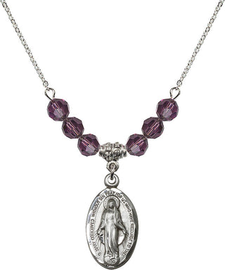 18" Rhodium Plated Necklace with 4mm Amethyst Crystal Beads featuring a Sterling Silver Miraculous Medal.