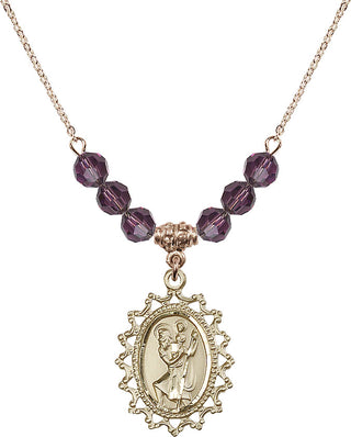 18" Hamilton Gold Plated Necklace with 4mm Amethyst Crystal Beads featuring a 14kt Gold Filled Saint Christopher Medal.