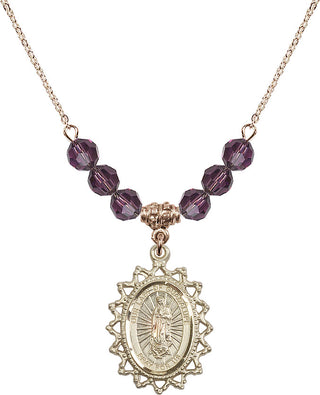 18" Hamilton Gold Plated Necklace with 4mm Amethyst Crystal Beads featuring a 14kt Gold Filled Our Lady of Guadalupe Medal.
