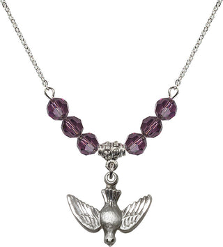18" Rhodium Plated Necklace with 4mm Amethyst Crystal Beads featuring a Sterling Silver Holy Spirit Medal.
