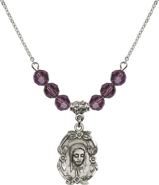 18" Rhodium Plated Necklace with 4mm Amethyst Crystal Beads featuring a Sterling Silver Madonna Medal.